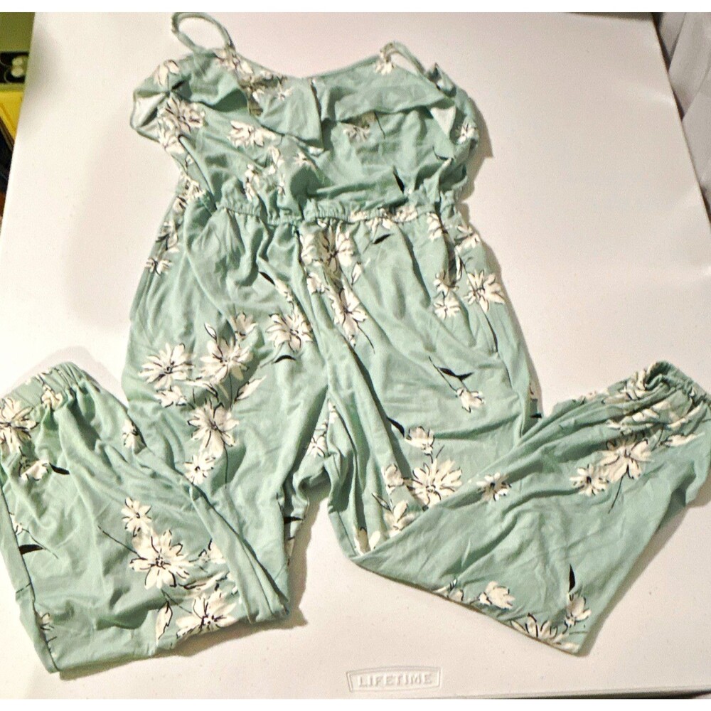 Love, GLAMG Green/White Floral Ruffle V-Neck Strappy Jumpsuit Girls: Size  L